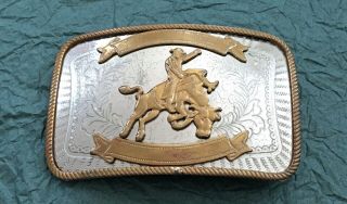 Vintage 1960s Large Cowboy Bull Riding 2 Banner Western Rodeo Trophy Belt Buckle