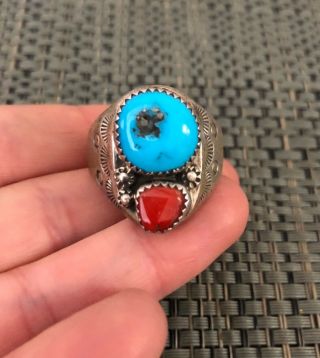 Vintage Men’s Navajo Sterling Silver Turquoise & Coral Ring
