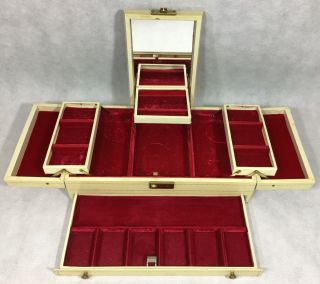 Vintage Jewelry Box Case Cream Gold Folding Hinged Mirror Bottom Drawer Fold Out