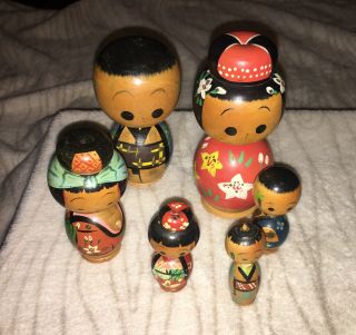 Vintage Kokeshi Painted Wooden Bobblehead Family Of 6 Figures