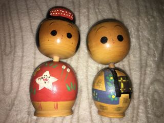 Vintage Kokeshi Painted Wooden Bobblehead Family Of 6 Figures 2