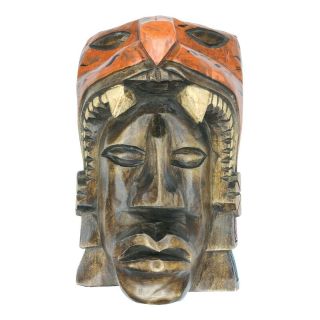 Vtg Painted Mayan Aztec Hand Carved Wooden Totem Head Mask Wall Hanging Decor