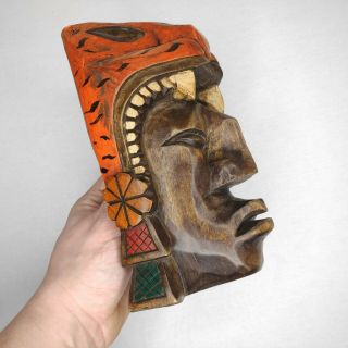 Vtg Painted Mayan Aztec Hand Carved Wooden Totem Head Mask Wall Hanging Decor 2