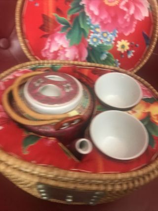 Chinese Rose Medallion Porcelain Tea Pot,  Two Cups Woven Picnic Basket Vtg?