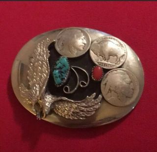 Hand Crafted Nickel Silver Turquoise Coral Eagle Buffalo Head Nickel Belt Buckle