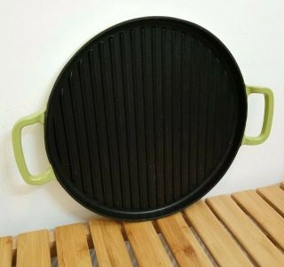 Vintage Country Cottage 12 " Avacado Green Enamel Cast Iron Skillet Griddle Pan