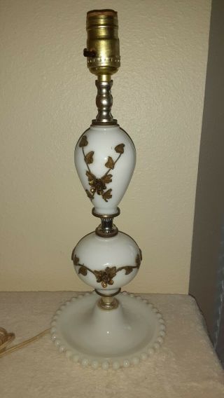 Vintage White Milk Glass Hobnail Hurricane Table Lamp Gold Metal Painted Roses