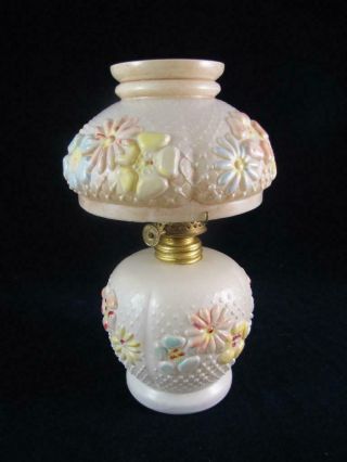 Vintage Consolidated Cosmos Glass Mini Gwtw Oil Lamp - Daisey Flower Milk Glass