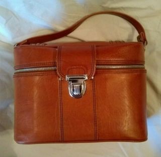 Vintage Train Case Make - Up Carry On Bag Case Luggage Brown Leather Suitcase