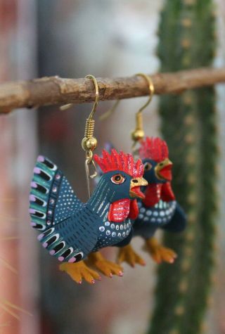 Alebrije Rooster Earrings By Ana Xuana Detailed Handmade Oaxaca Mexican Folk Art