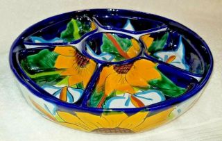 Mexican Talavera Pottery Serving Platter 7 Pc Cobalt Blue Calla Lily Sunflowers