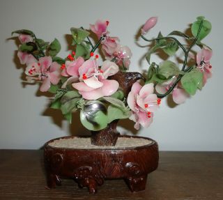 Vintage Large Mid Century Pink Cherry Blossom Jade Glass Bonsai Tree Heavyweight