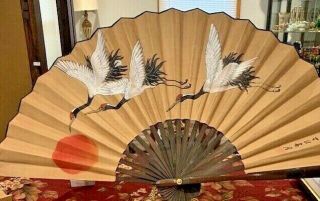 Large Vintage Asian Hand Painted Wall Display Fan Signed 34 1/2 " X 20 "