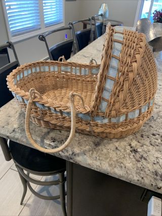 Vintage Wicker Baby Or Doll Cradle Crib Bassinet Basket W/ 2 Handles