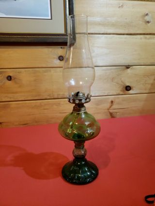 Vintage Dark Green Glass And Brass Miniature Oil Lamp Hong Kong