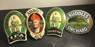 3 Ceramic Greene King Brewery Ale,  Beer Pump Badge Clips - Plus 1 Card Ruddles