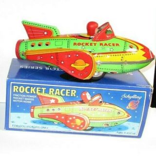 Nib Vintage Schylling Tin Rocket Racer Friction Power Litho Metal Rocket Wheels