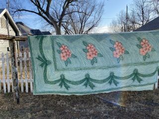 Vintage Chenille Bedspread 99x94 Funky Fun Green Color With Flower Basket Design