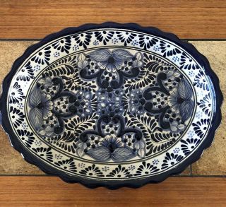 Vintage Del Carmen Pue Mexico Talavera Platter 15” X 11” Wall Hang Blue White