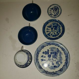 Vintage Ohio Art Tin Litho Tea Set Toy Oriental Blue White Cups,  Plates