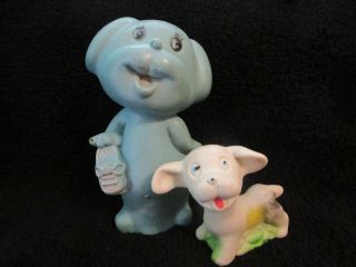Vintage 50s 60s Taiwan Soft Rubber Baby Blue Puppy Dog W/ Shoe Squeaker Toys X2