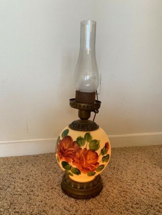 Vintage Hand Painted Floral Milk Glass Oil Lamp