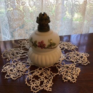 Vintage Frosted Glass Miniature Hand Painted Oil Lamp With Burner