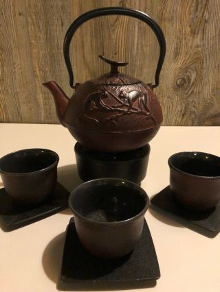 Teavana Cast Iron Teapot Set W/ 3 Cups And 3 Saucers And Warmer