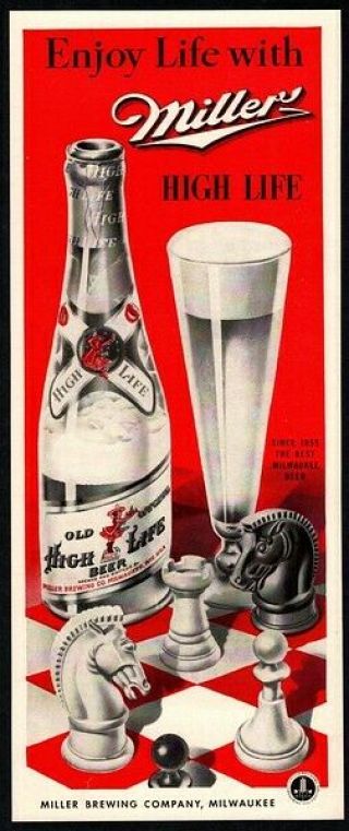 1942 Miller High Life Beer - Beer Glass On Chess Board - Retro Vintage Ad