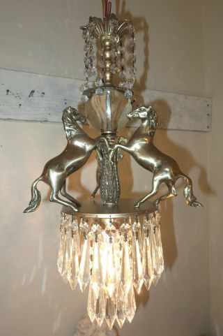 Horse Fountain Chandelier Swag Lamp Glass Brass Bronze Vintage Crystal Art Glass