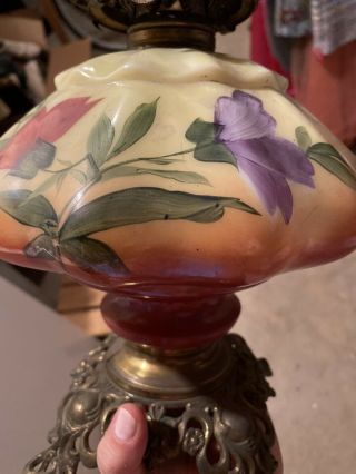 Antique Phoenix Glass Oil Lamp Base Hand Painted Floral