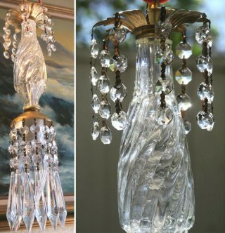 Vintage Clear Swirl Beaded Glass Brass Hanging Swag Lamp Chandelier Crystal
