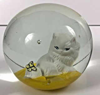 Vintage Joe St.  Clair Sulfide Cat And Butterfly Art Glass Paperweight