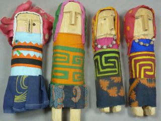 4 Four Panama San Blas Kuna Dolls Folk Art Carved Wood Textile Alexander Girard