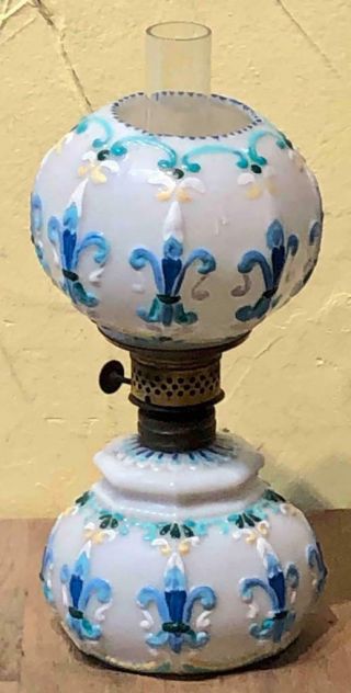 Antique Miniature Hand Painted Fleur De Lis Milk Glass Kerosene Lamp,  C.  1890