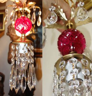 Vintage Ruby Glass Brass Hanging Swag Lamp Chandelier Crystal Prisms Petite