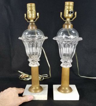 Fine Pair Antique Sandwich Glass Oil Lamps Bronze Mounted On Marble
