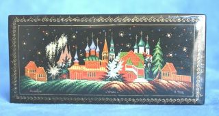 Vintage Hand Painted Russian Black Red Lacquer Paper Mache Winter Christmas Box