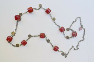 Vintage Ethnic Necklace Cherry Red Bakelite Bead & Coin Arabic/mid East? Prayer?