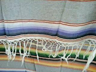 Vintage Mexican Saltillo Serape Blanket Grey With Fringe Very Old