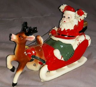 Vtg - Kreiss Santa In Sleigh W/ Reindeer Planter/ Vase Xmas Figurine - Japan