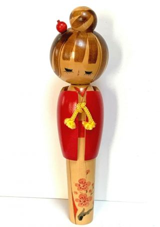 Vintage Japanese Kokeshi Wooden Doll Large Size 9 3/4” Handcrafted Hand Painted