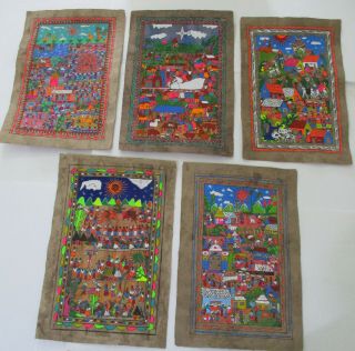 Set Of 5 Amate Bark Paintings Native Ethnic Mexican Wall Folk Art Hand Painted
