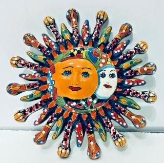 Mexican Talavera Pottery 12 " Sun Moon Eclipse Face Wall Folk Art Gerardo Garcia