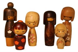 Japanese Kokeshi Style Wooden Dolls | 6 Wooden Girls | Signed Red Floral