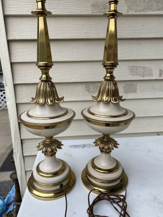 Pair Large Vintage Mid Century Stiffel Brass & Enamel 3 - Way Table Lamp Torchiere