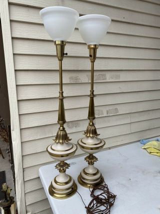 Pair Large Vintage Mid Century Stiffel Brass & Enamel 3 - way Table Lamp Torchiere 2