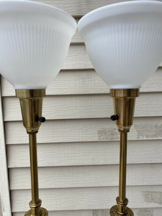 Pair Large Vintage Mid Century Stiffel Brass & Enamel 3 - way Table Lamp Torchiere 3