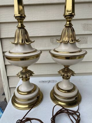 Pair Large Vintage Mid Century Stiffel Brass & Enamel 3 - way Table Lamp Torchiere 6