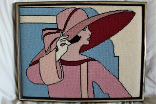 Vintage Handmade Needlepoint Cross Stitch Framed Art Nouveau Deco Woman